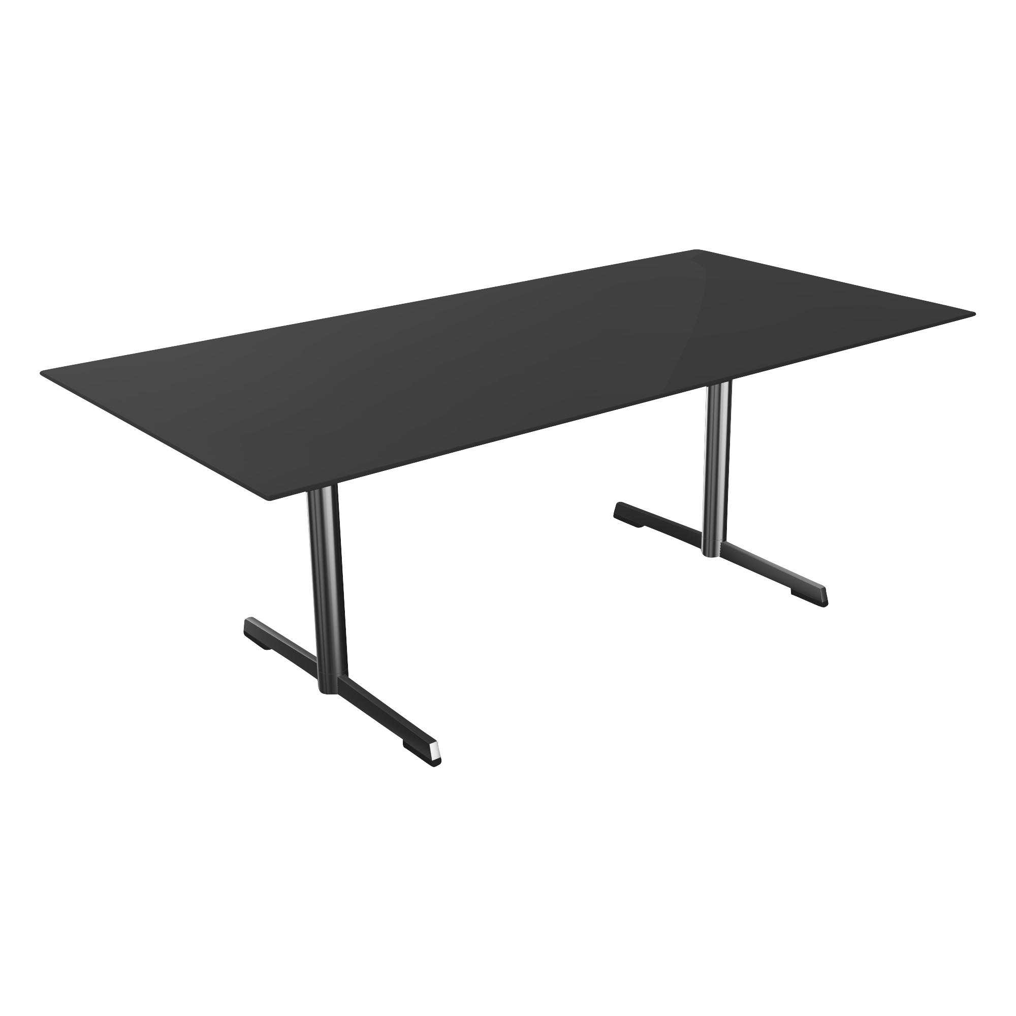 A black conference table with two T shaped legs