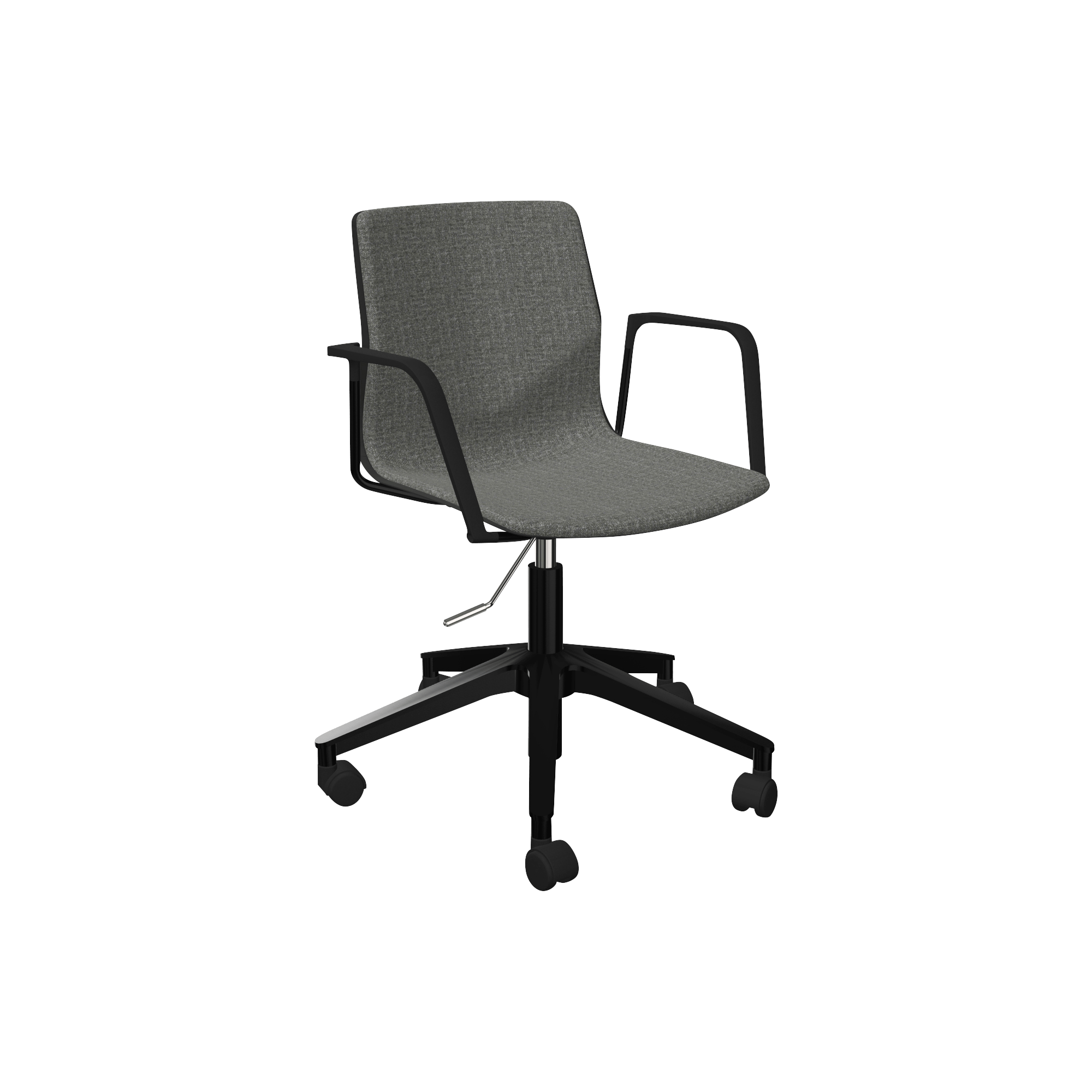 Grey adjustable height office chair with wheels and arm rests
