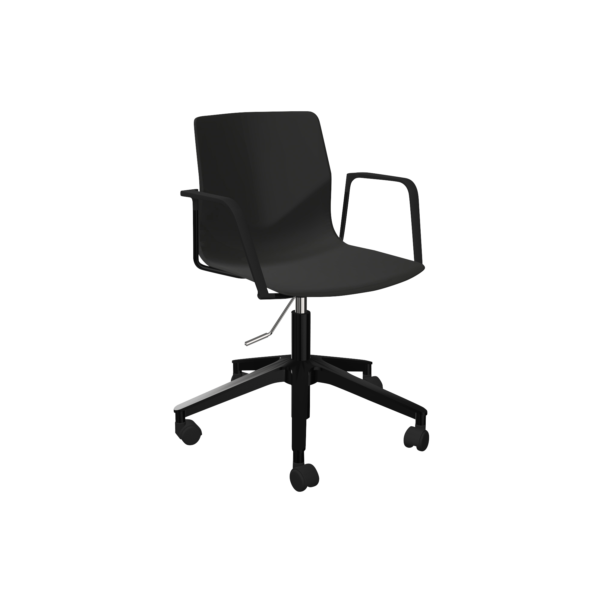 Black adjustable height office chair with wheels and arm rests