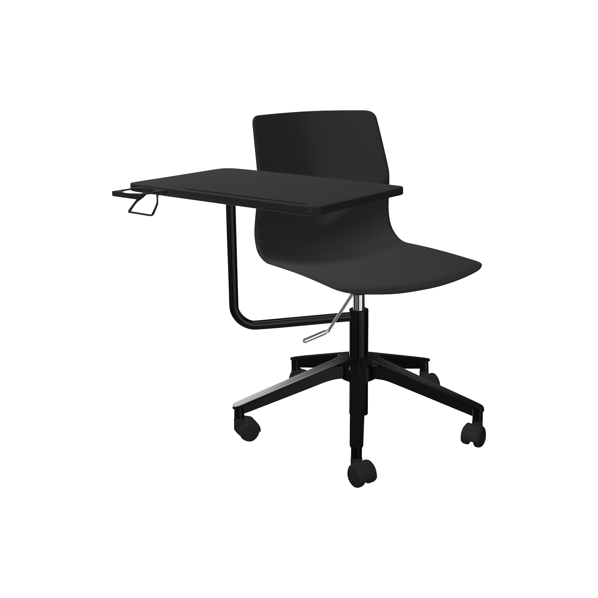 Black pedestal lecture chair with wheels with work desk attached