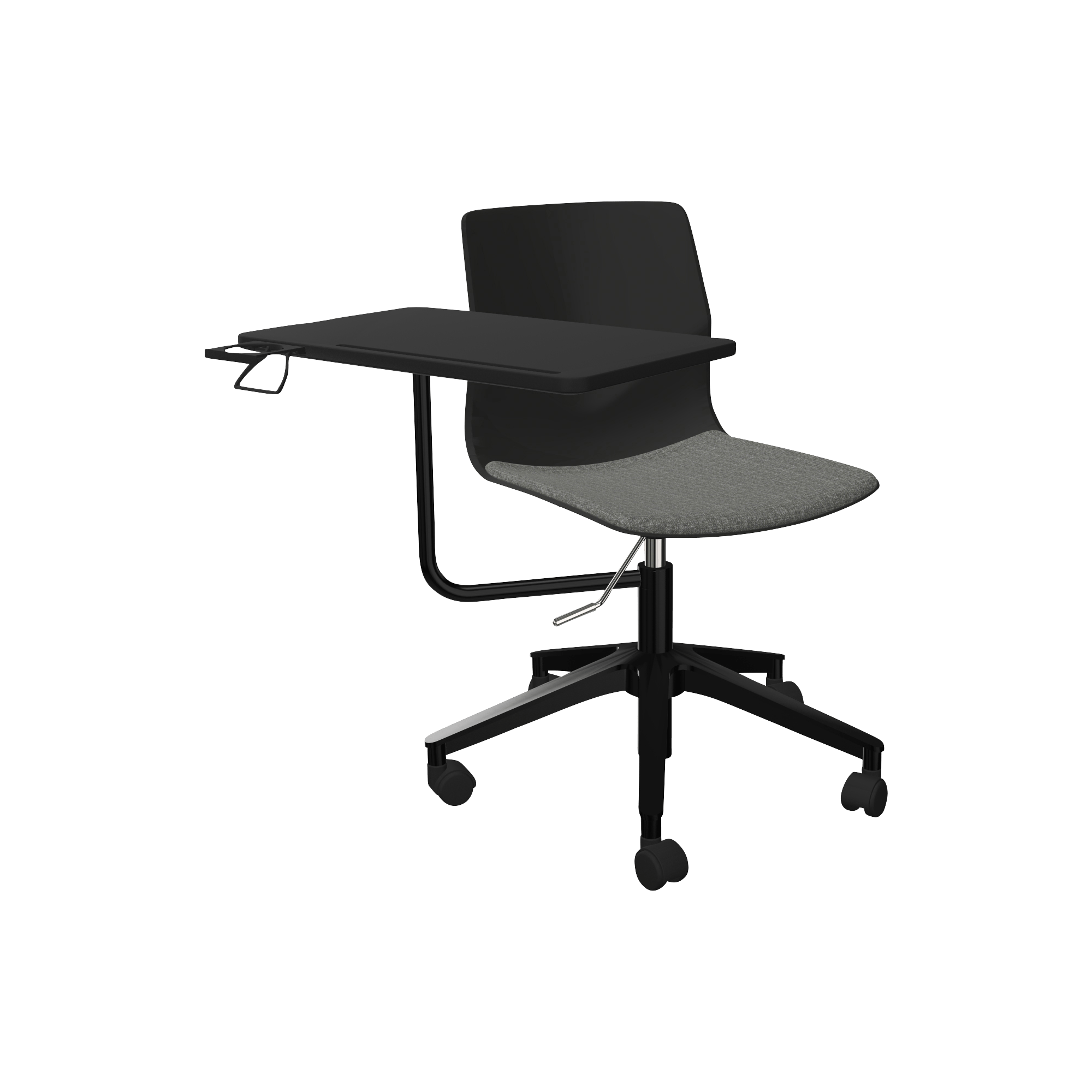 Grey and black pedestal lecture chair with white work desk attached