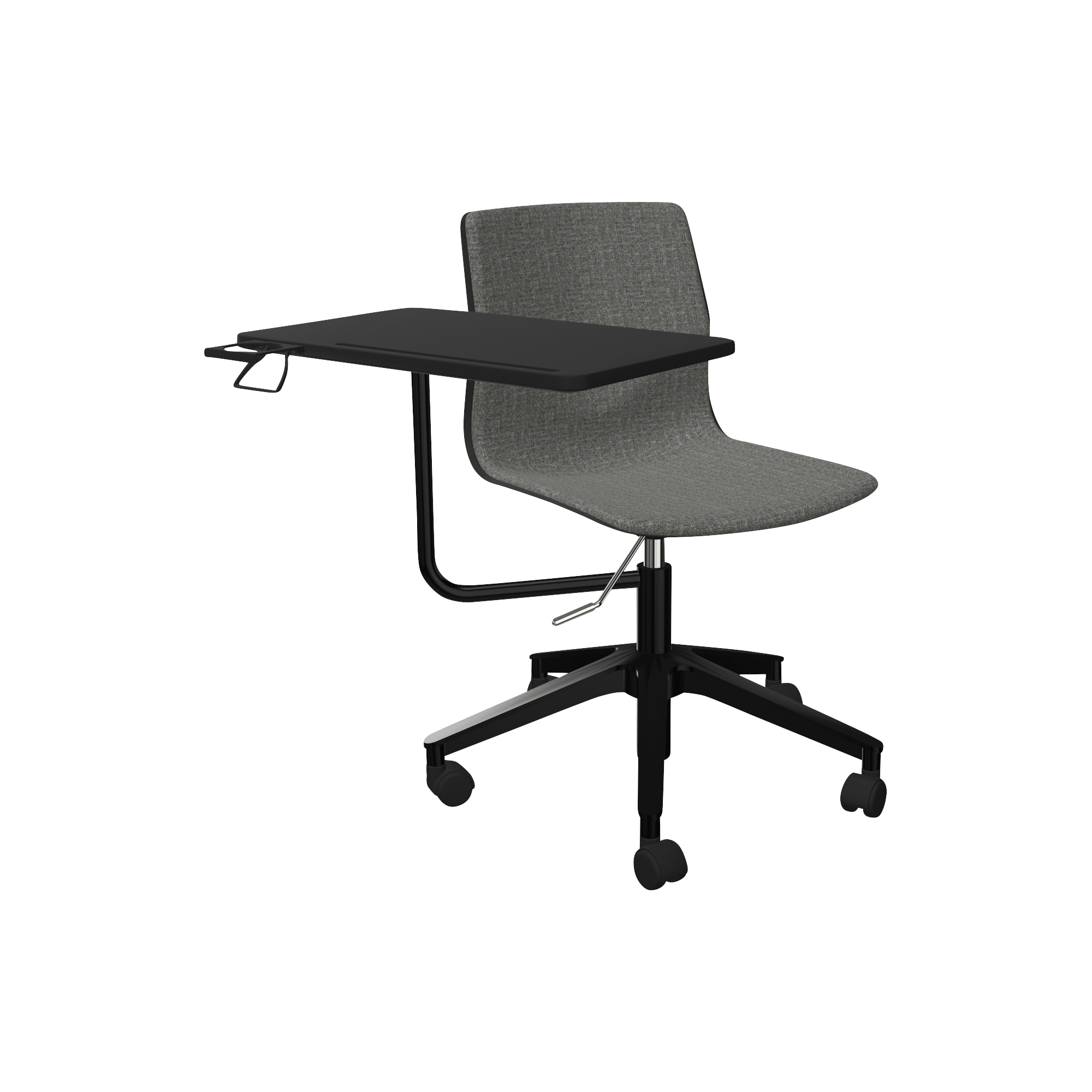 Grey pedestal lecture chair with white work desk attached