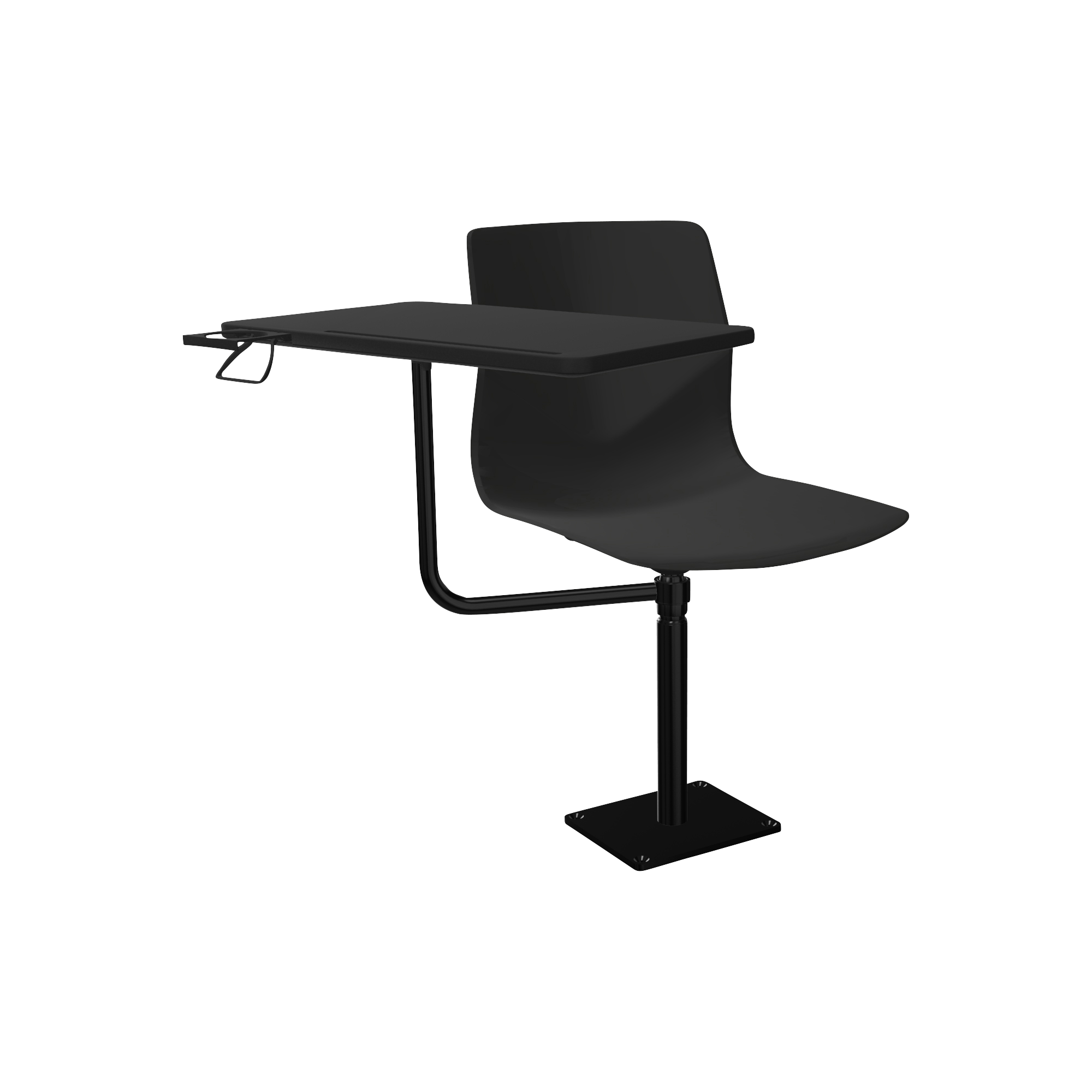 Black pedestal lecture chair with work desk attached
