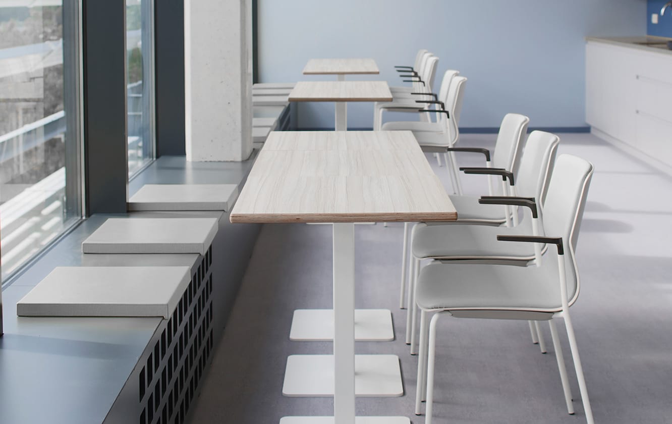Canteen furniture, including window seats, pedestal tables and chairs