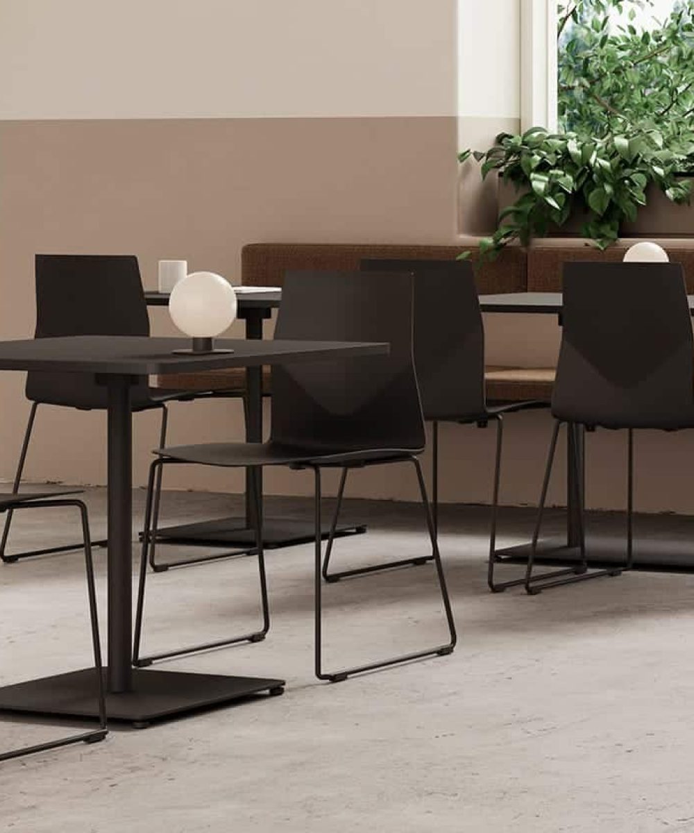 A black table and chairs in a room with plants.