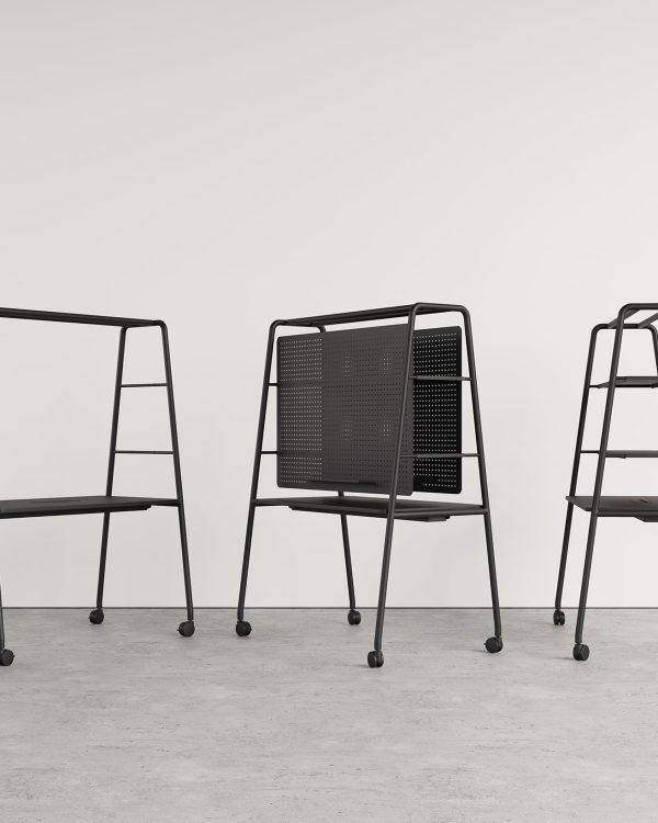 community tables with peg board, free standing shelving unit and desk on wheels