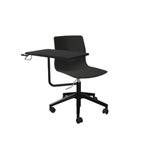 A black office chair with a desk attached