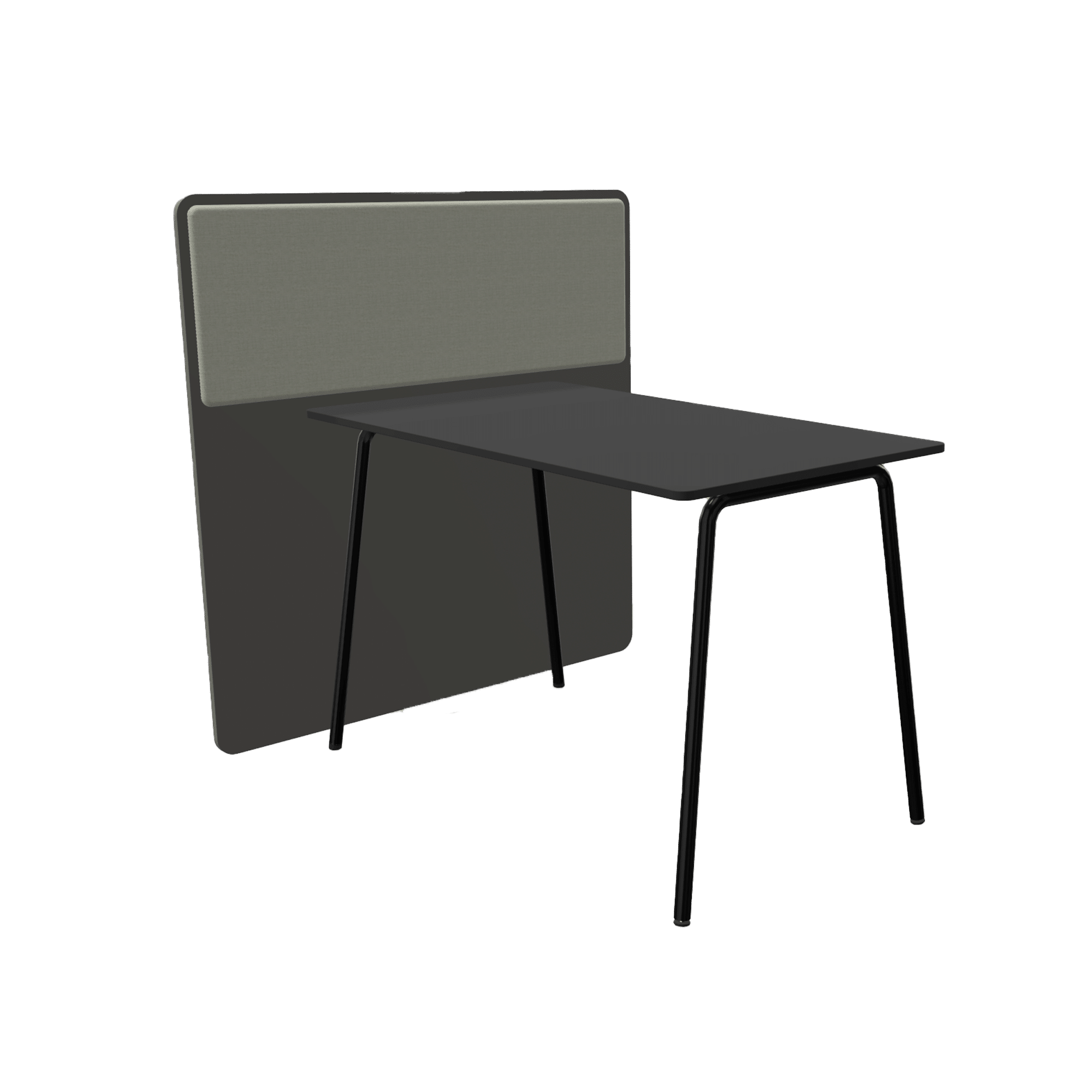 A black table with black legs and a black office screen divider attached to one side and an acoustic panel on it
