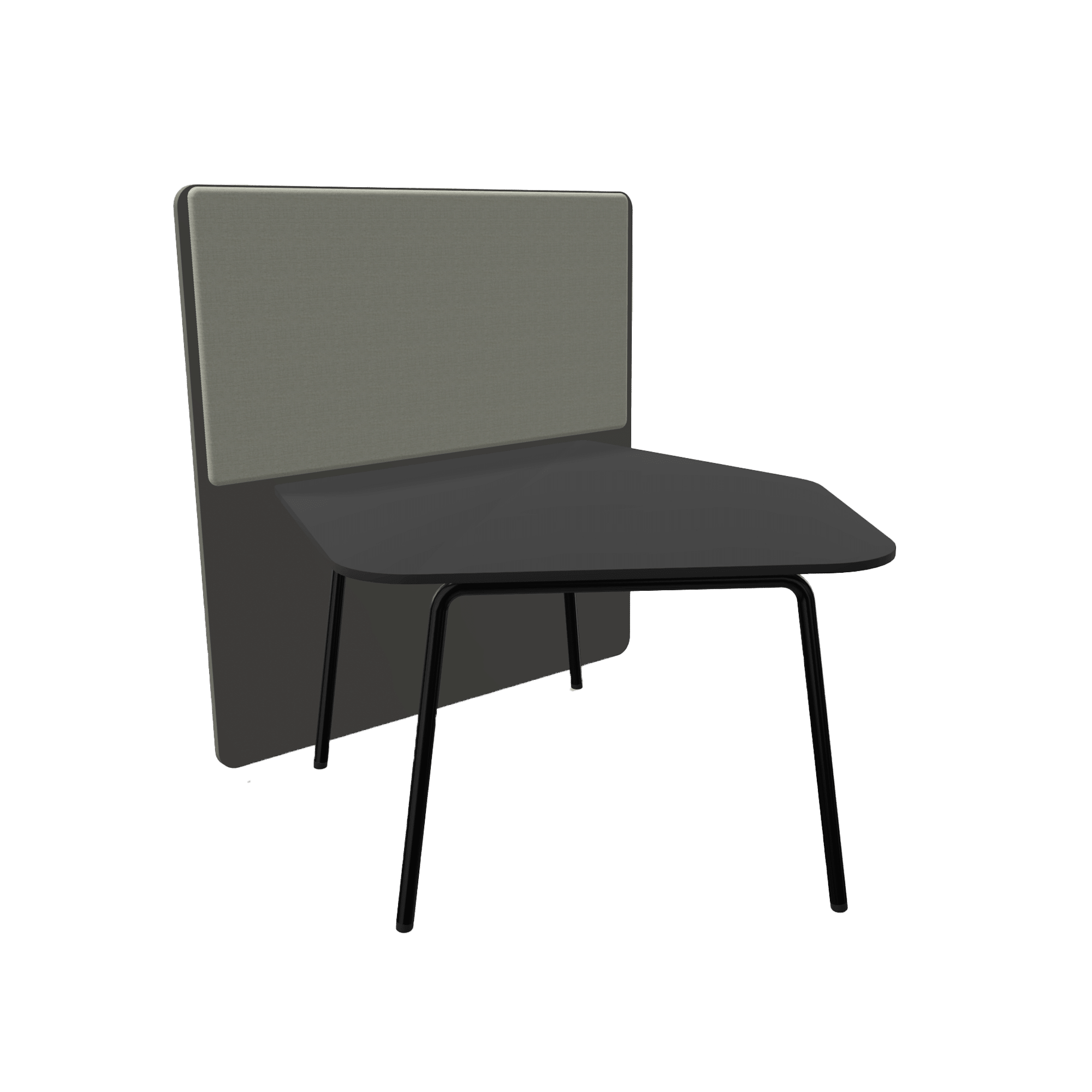 A black table with black legs and a black office screen divider attached to one side with an acoustic panel on it.