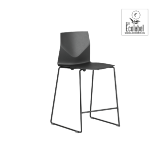 A black counter height chair with a metal frame and two legs and no arm rests