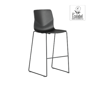 A black counter height chair with two legs and with a black frame.