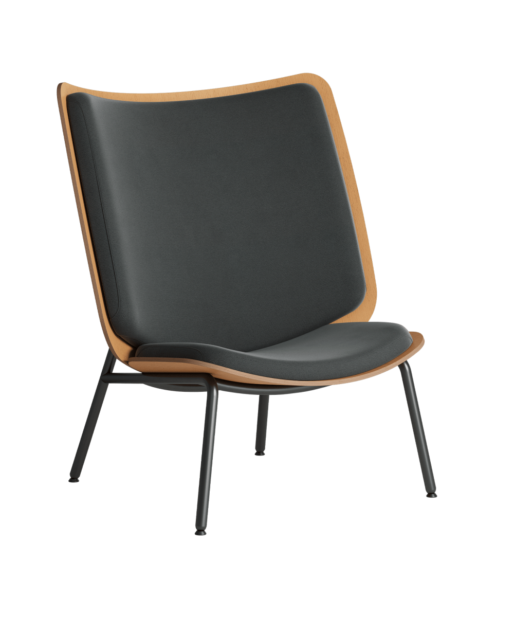 The lounge chair with black leather and wooden frame.