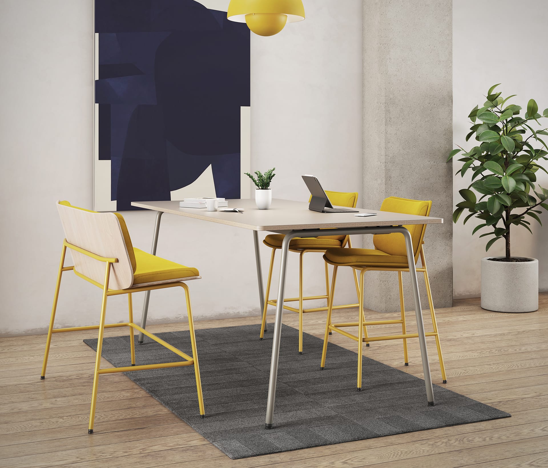 A room with a yellow standing height tables and counter chairs 