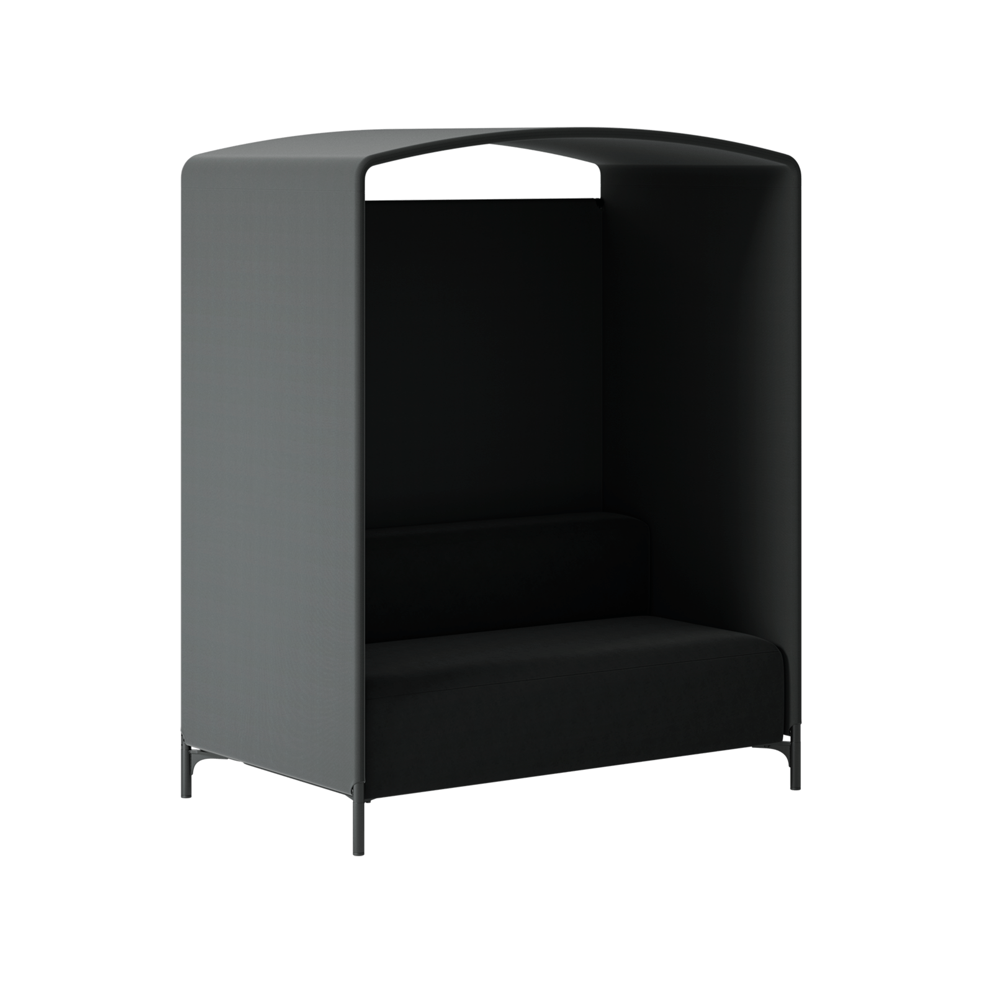 Office work booth with three sided enclosed panels and small desk.