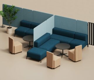 A 3d rendering of an office with blue office sofas and a table and office screen dividers