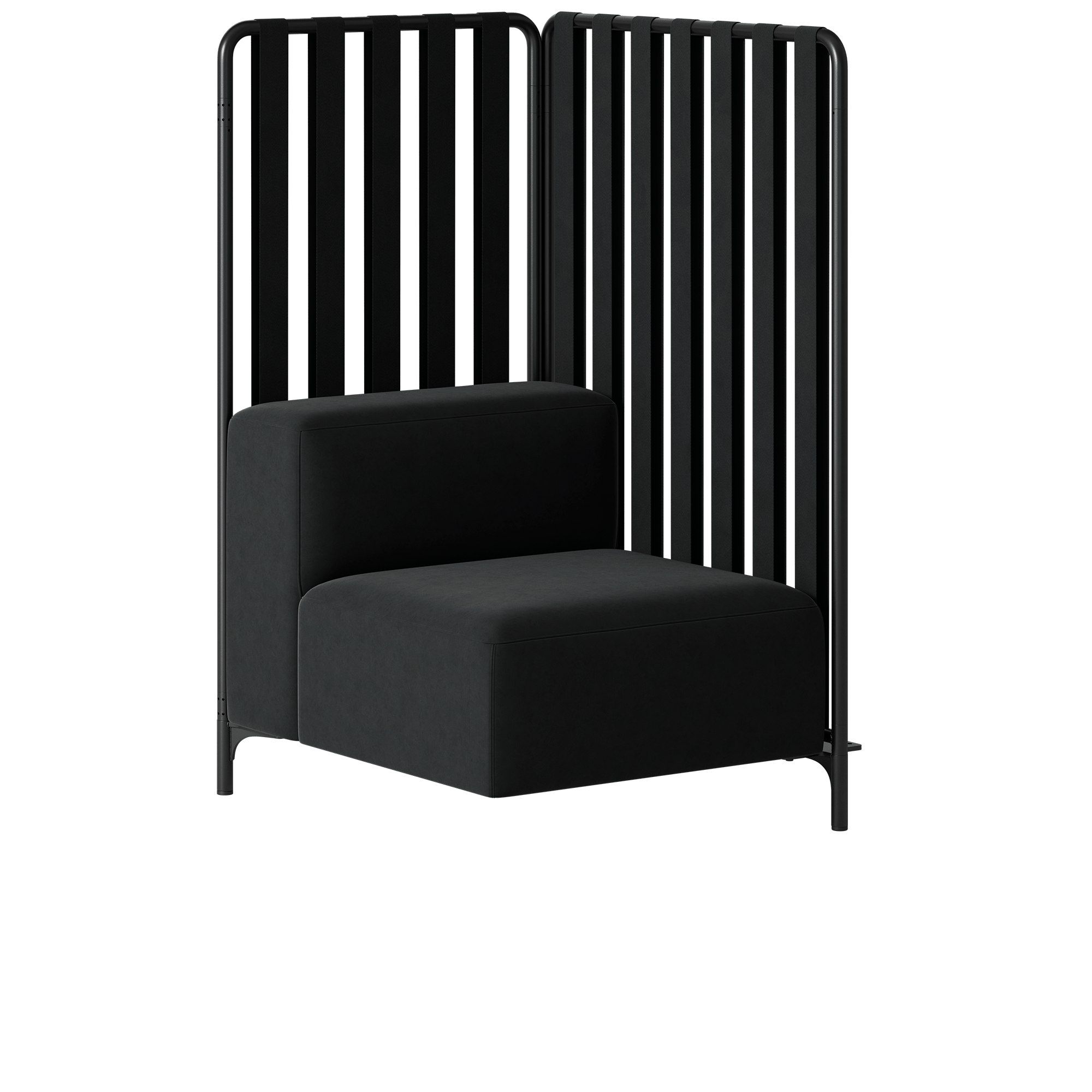 A black lounge chair corner with two panels, one at the back and one at the side