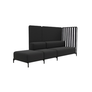 A black modular seating office sofa with a black ottoman and office screen dividers attached.