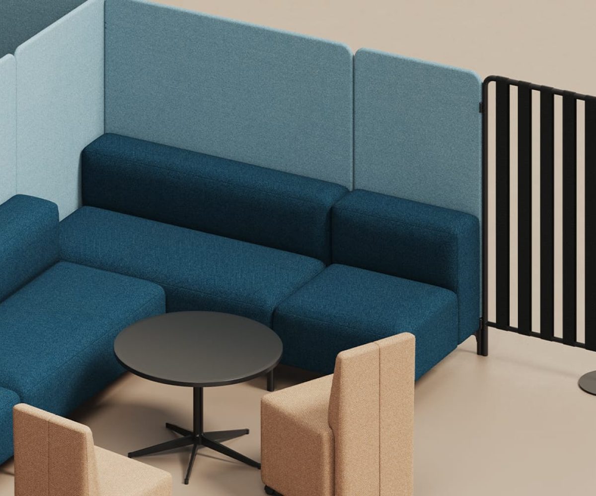 A 3d rendering of an office with blue office sofas and a table and office screen dividers