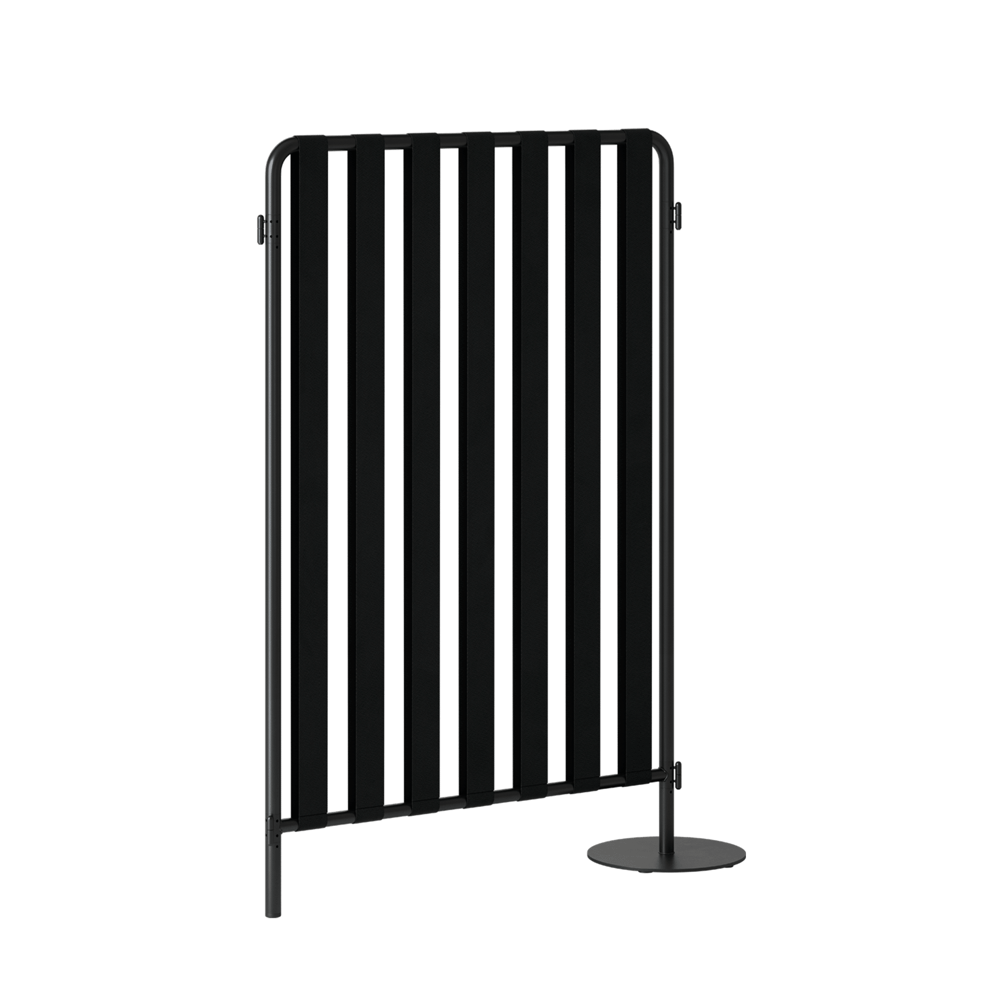 A black slatted office screen divider