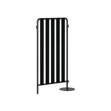 A black slatted office screen divider