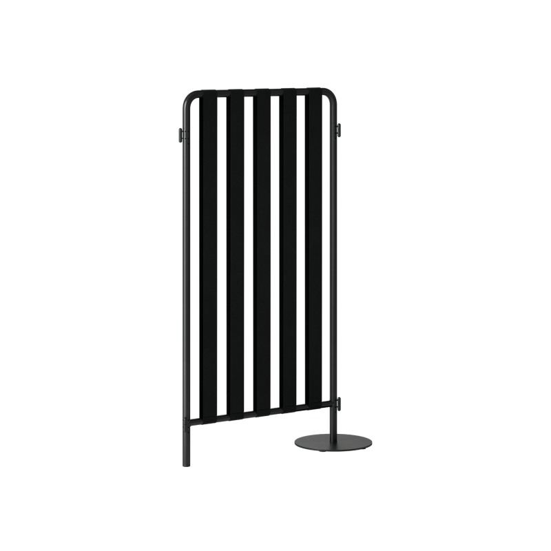 A black slatted office screen divider