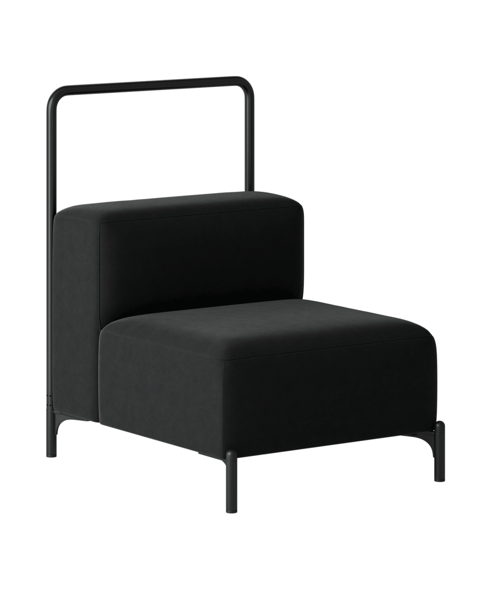 A black chair with a metal frame.