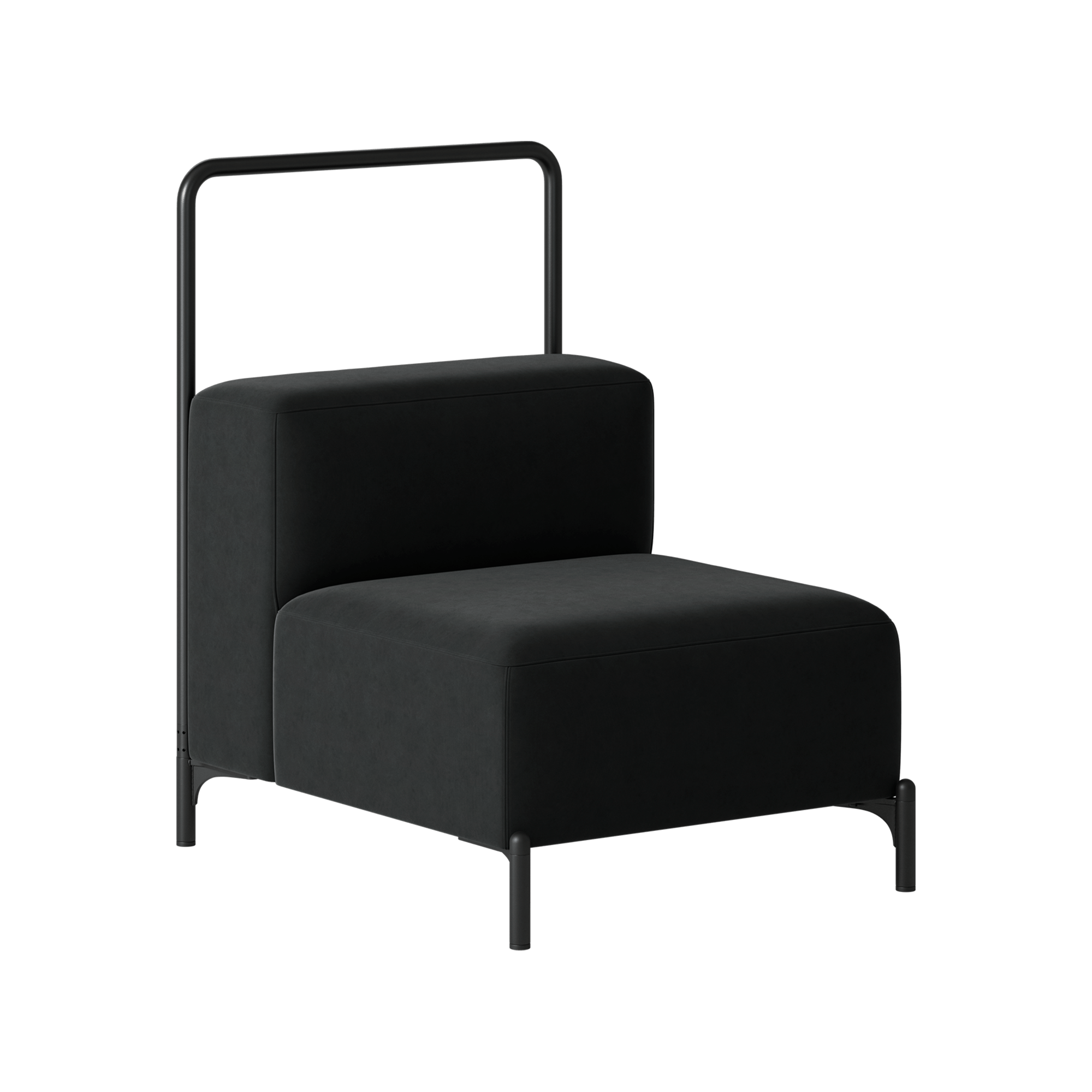 A black chair with a metal frame.