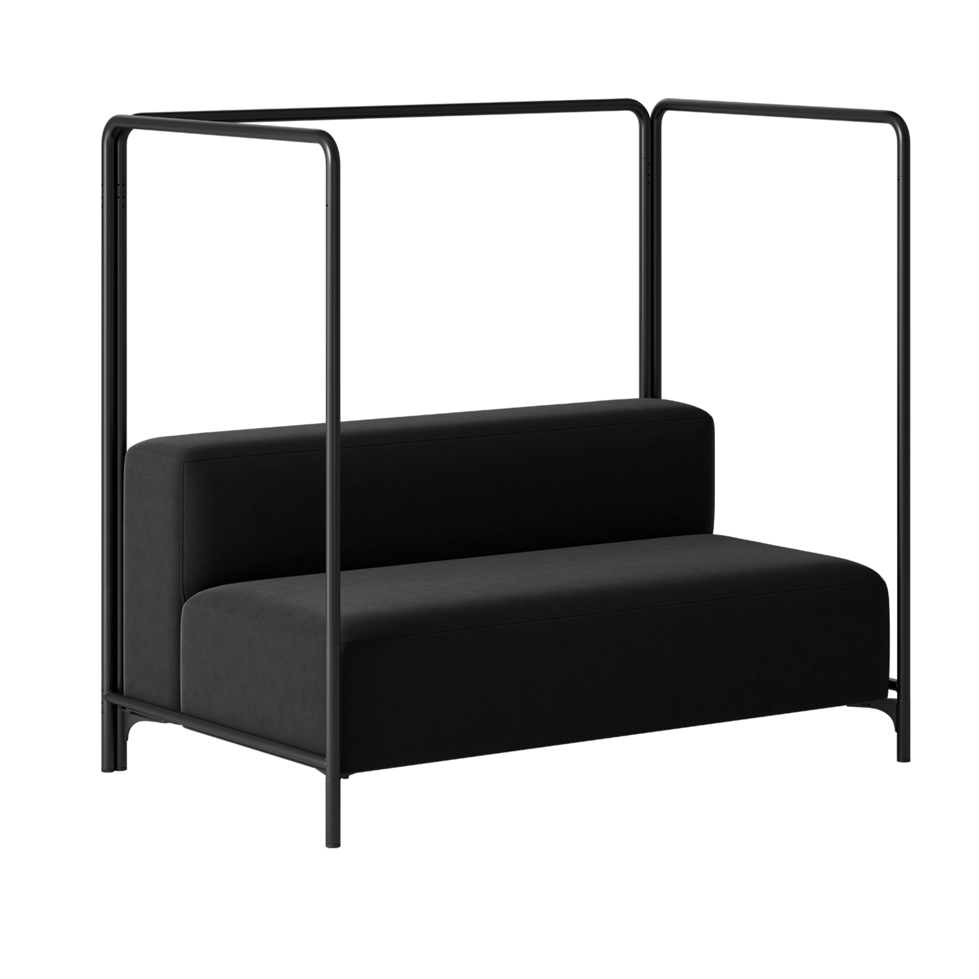 A black sofa with a black frame.