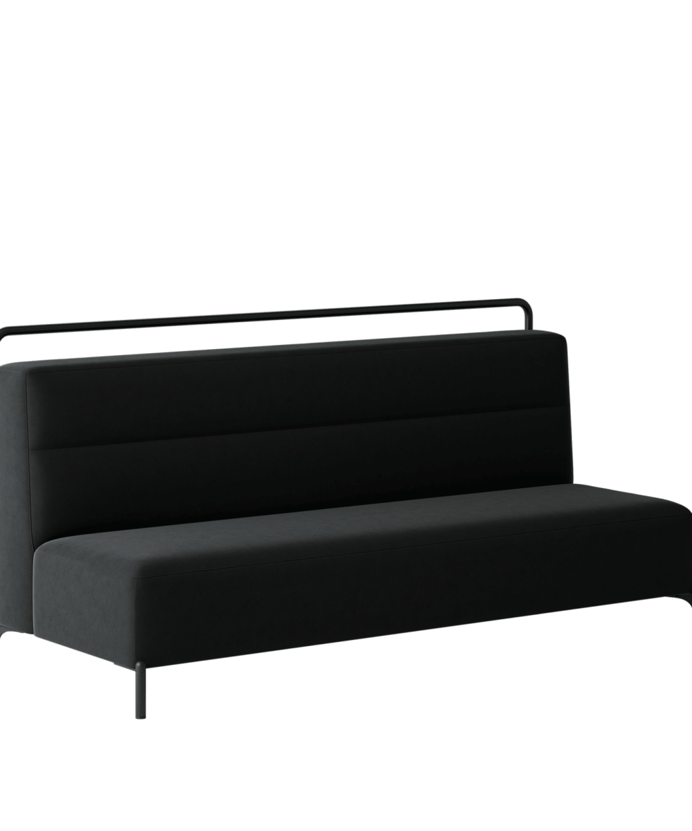 A black sofa with a metal frame