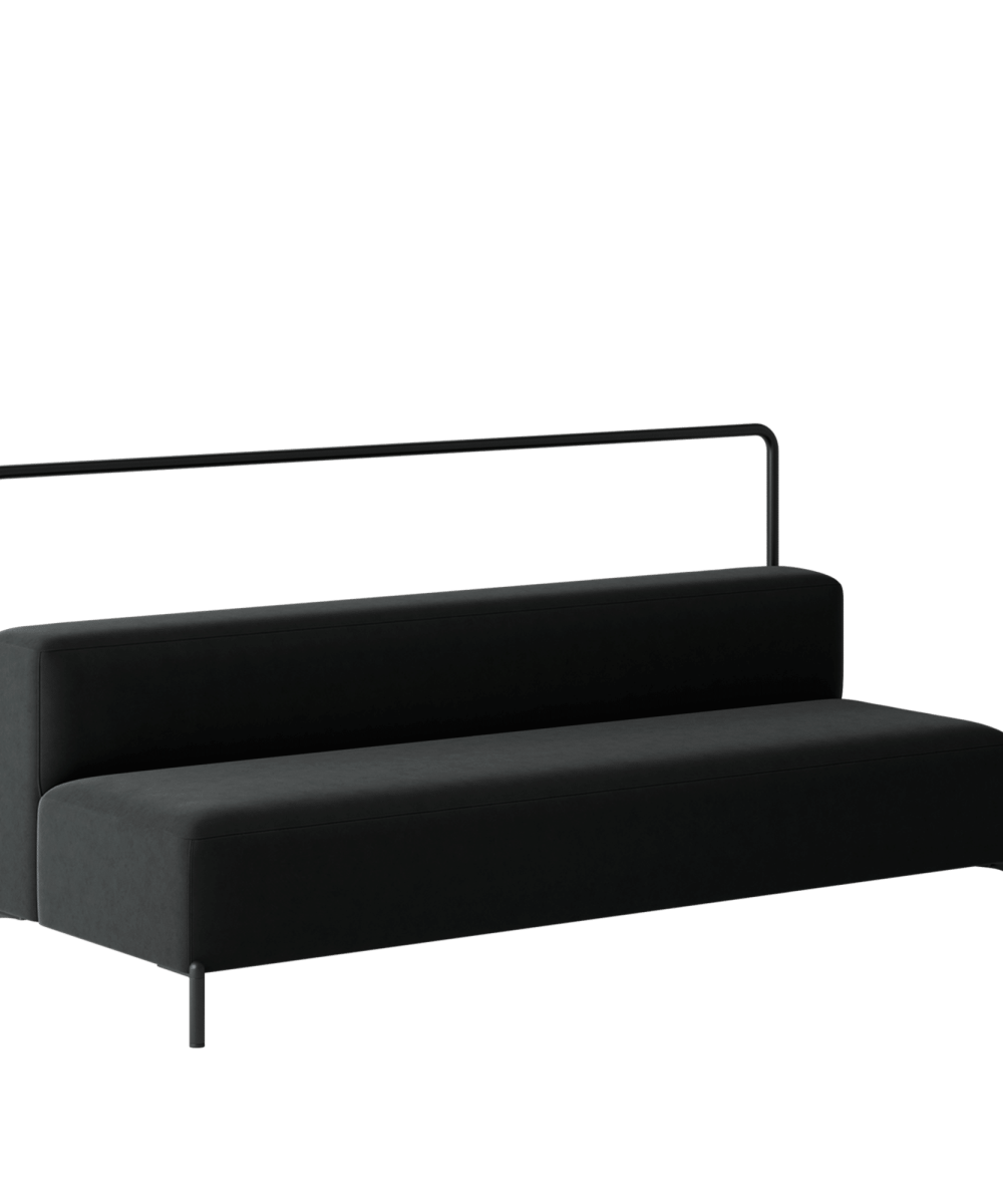 A black sofa with a metal frame