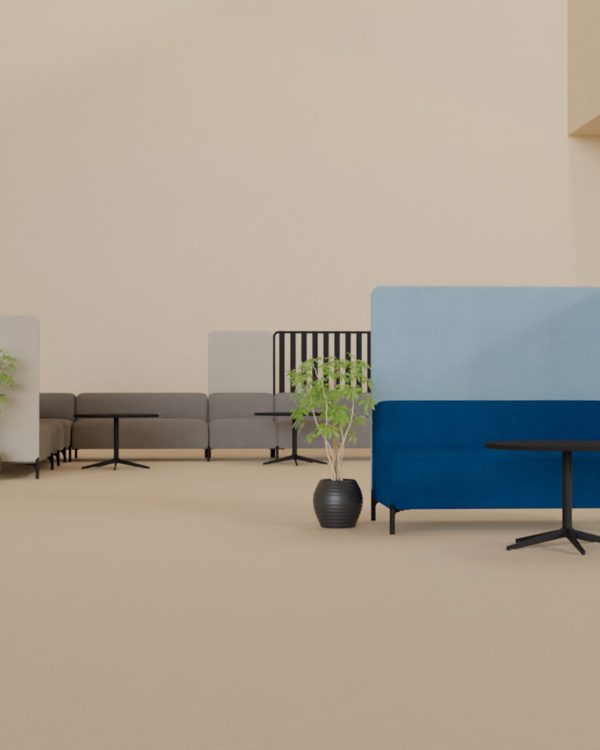 A blue and white office sofas with office tables and office screen dividers