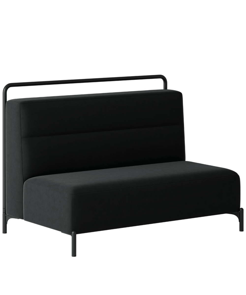 A black sofa with a metal frame on a white background.