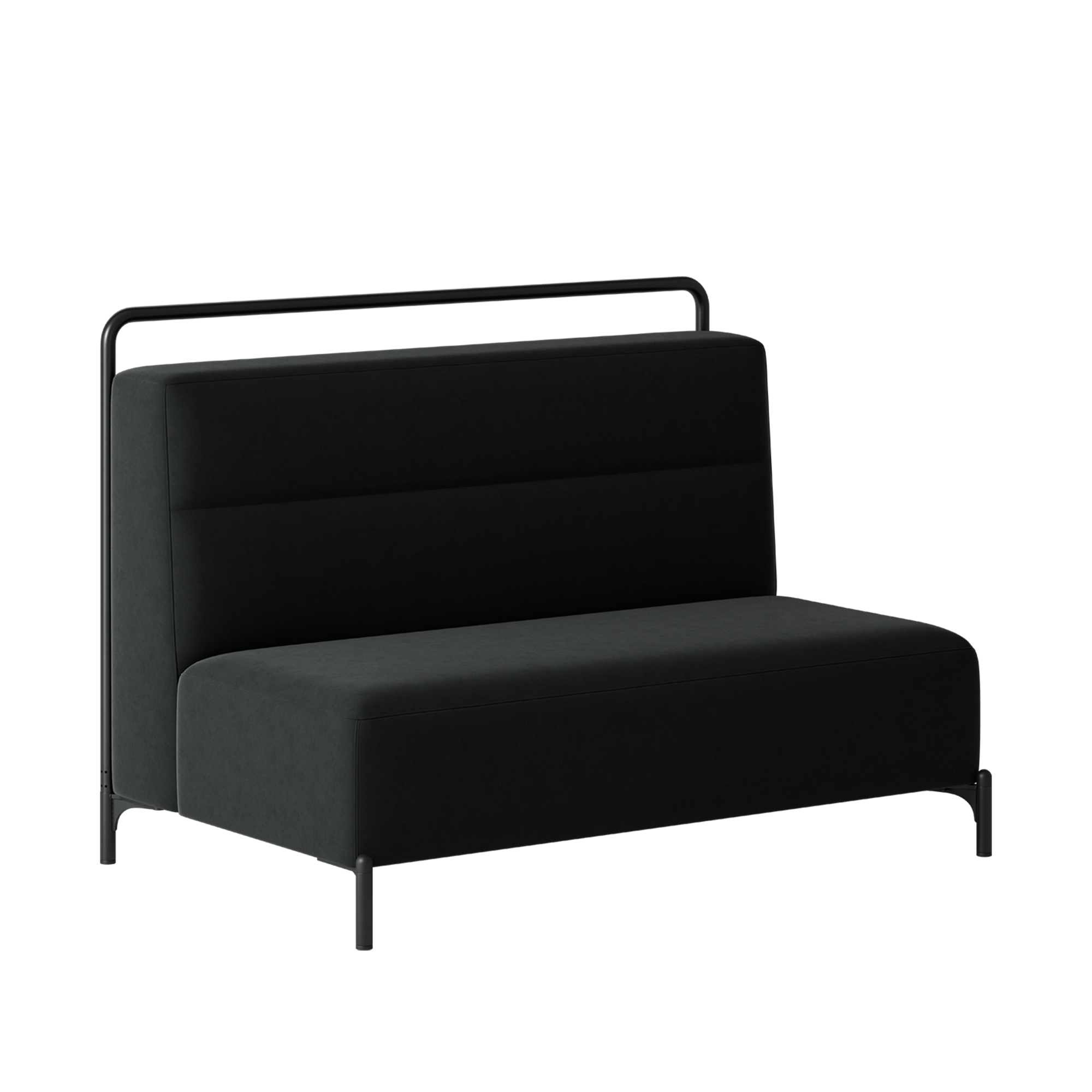 A black sofa with a metal frame on a white background.
