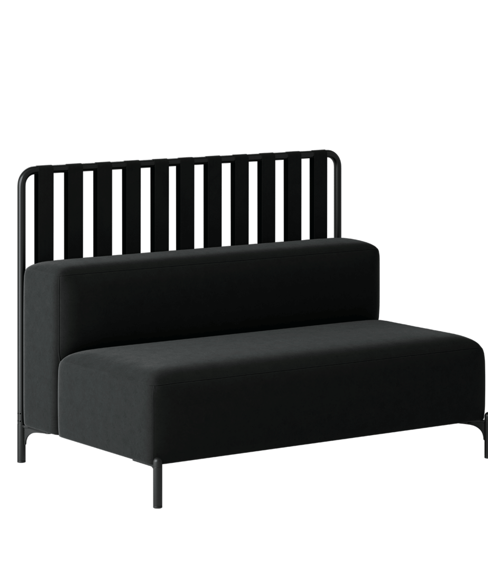 A black sofa with a metal frame