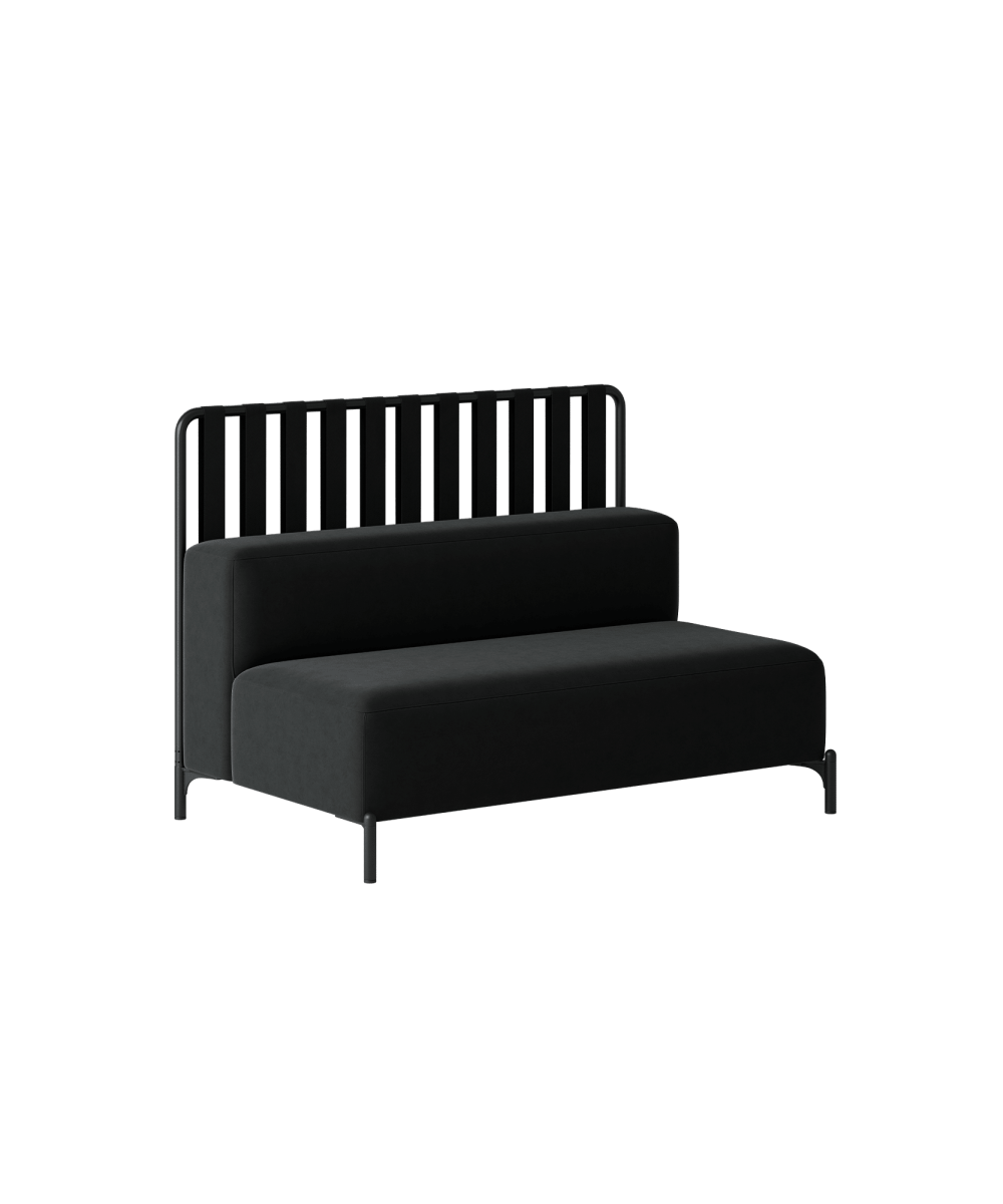 A black sofa with a metal frame