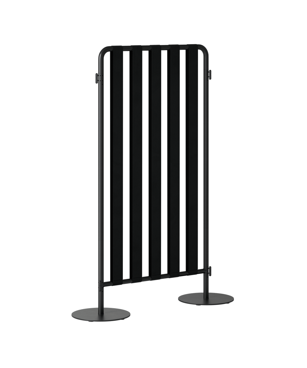 A black slatted office screen divider