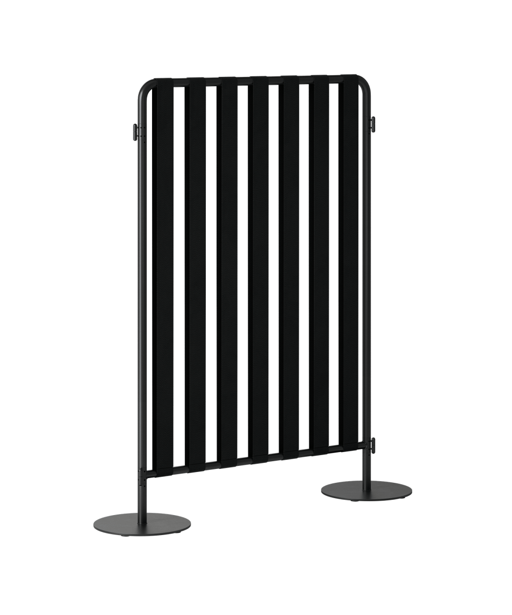 A black slatted office screen divider