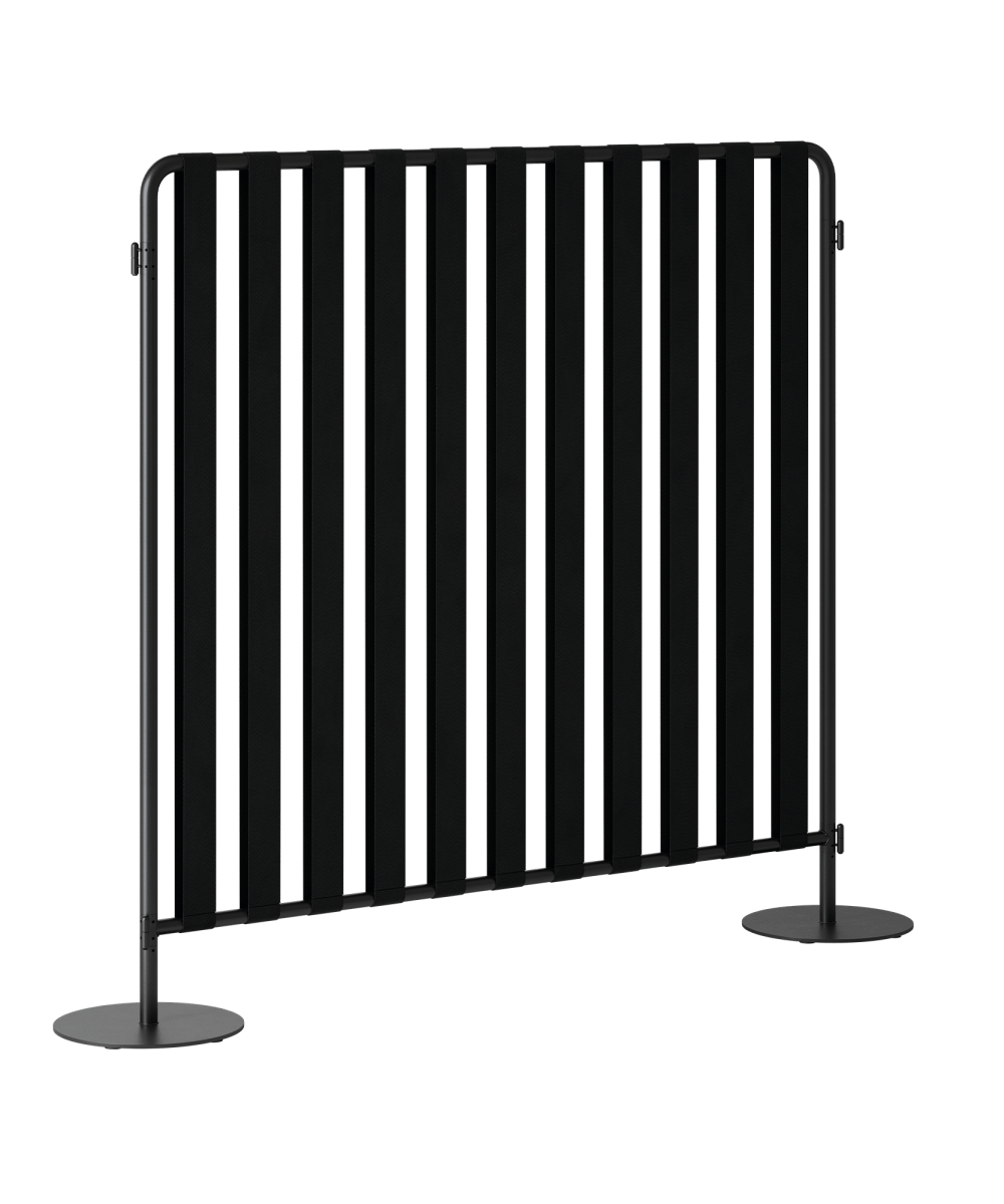 A black slatted office screen divider