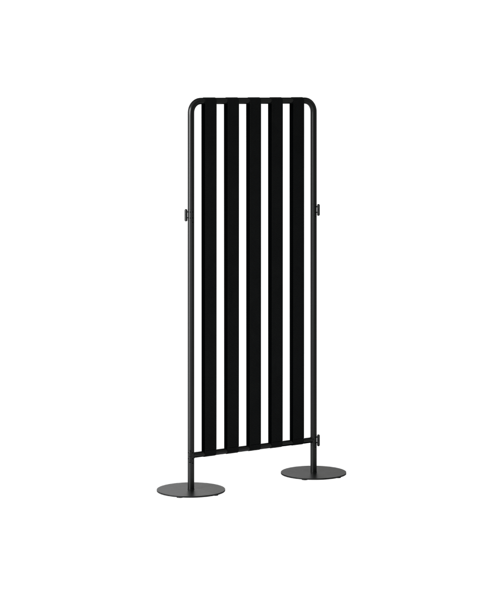 A black slatted office screen divider