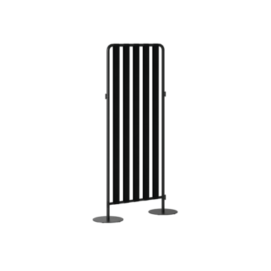 A black slatted office screen divider