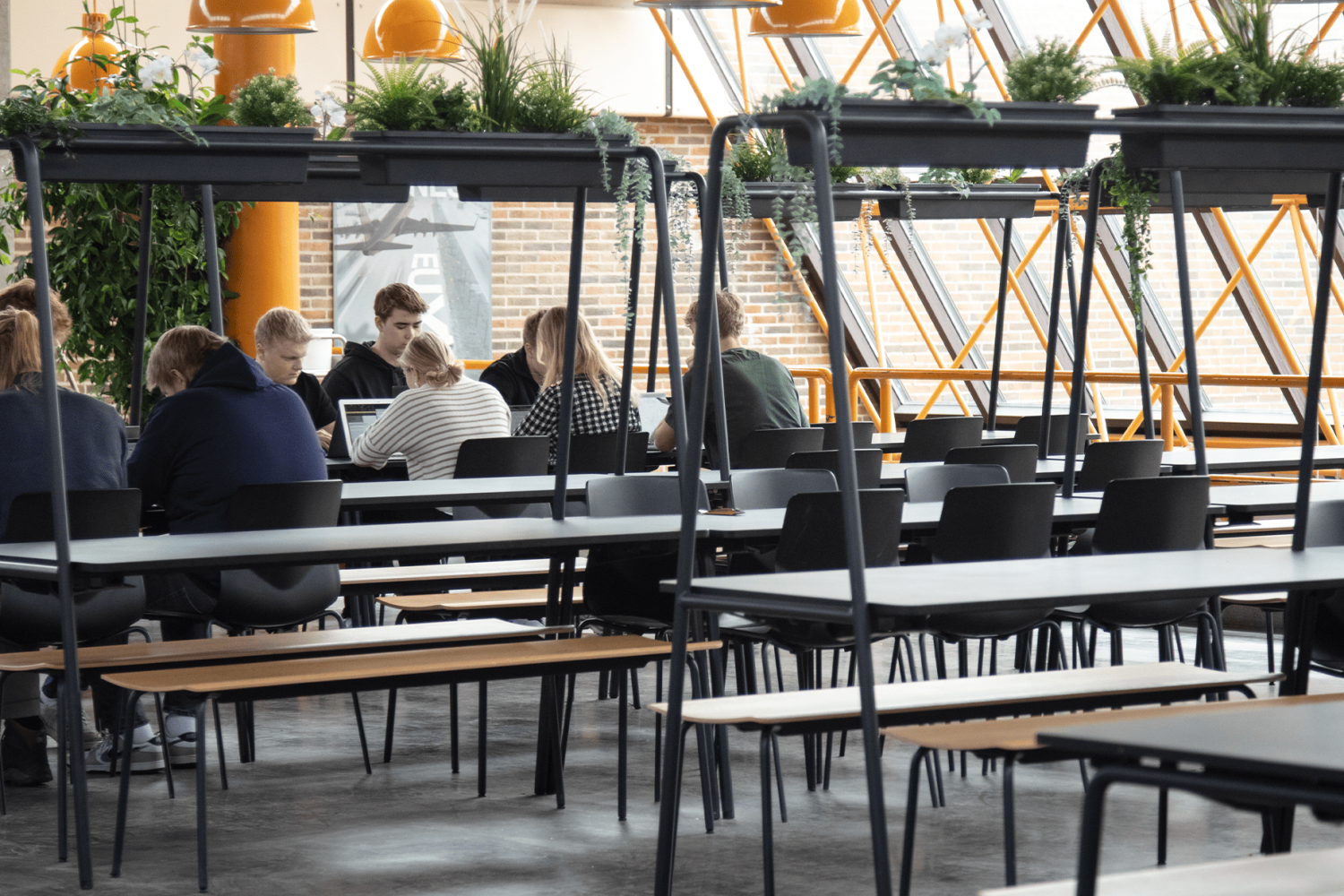 The interior of a canteen with canteen furniture, community tables and chairs.