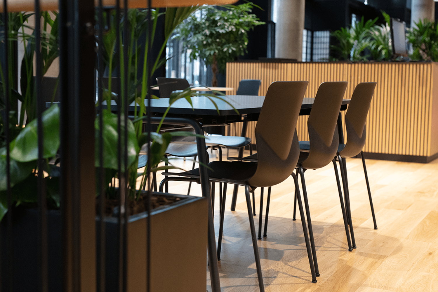 Canteen furniture including black table and chairs in a dining room.