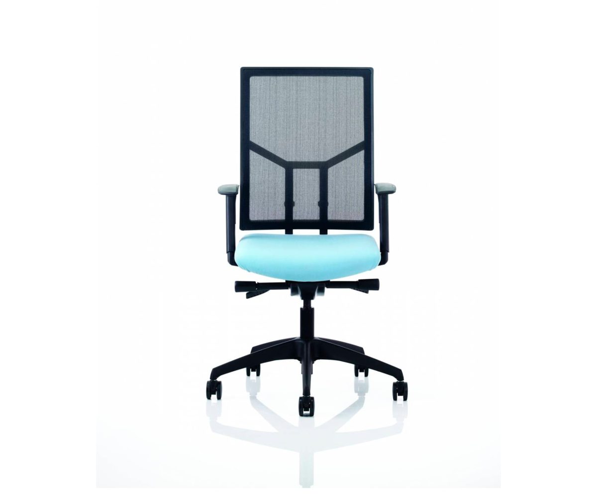 An office chair with a blue seat and black frame.