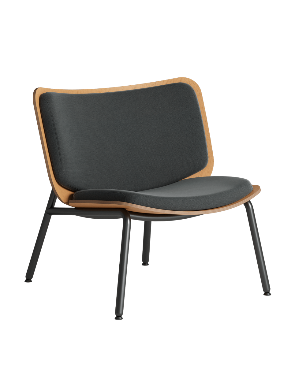 A black lounge chair with a wooden frame.