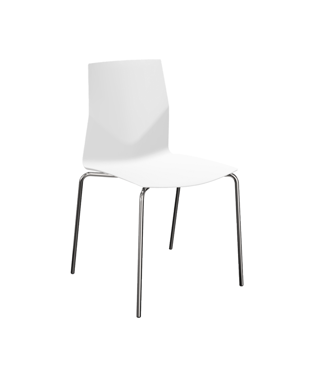 A white 4 legged chair with chrome legs and white seat