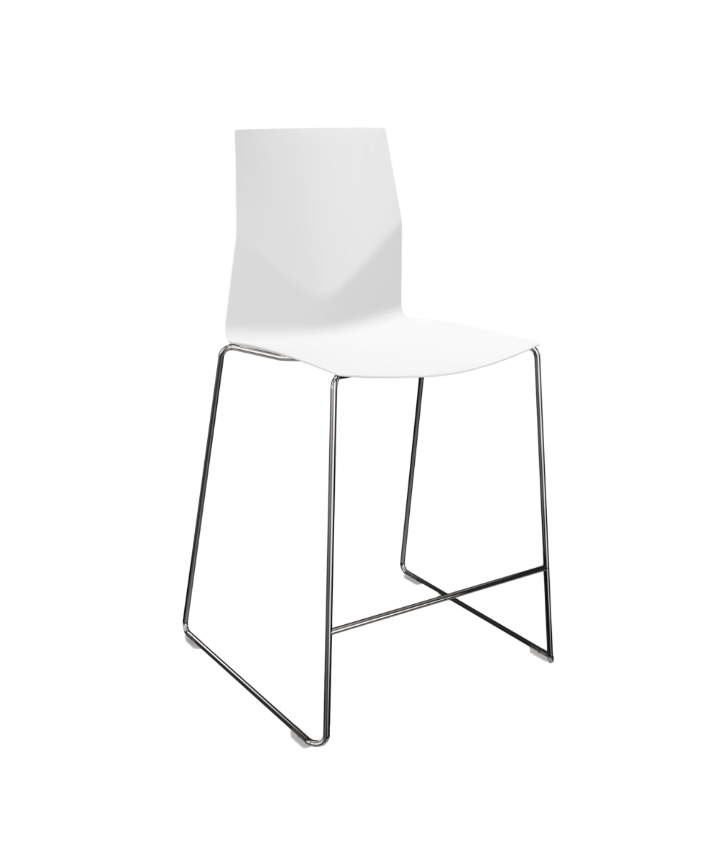 A mid height counter chair with two chrome legs and a white seat
