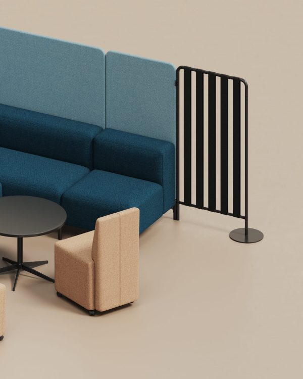 A 3d rendering of an office with blue office sofas and a table and office screen dividers