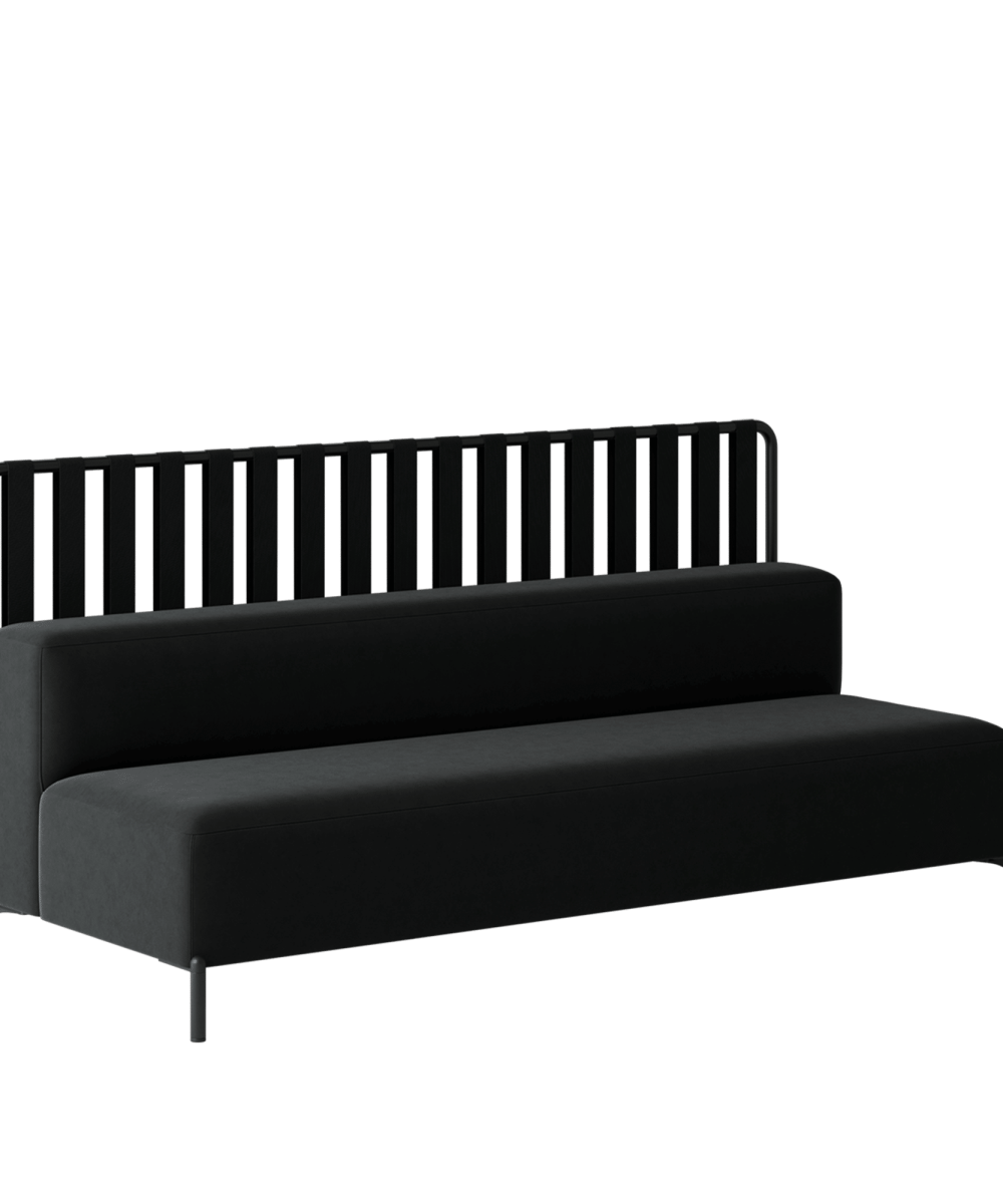 A black sofa with a metal frame