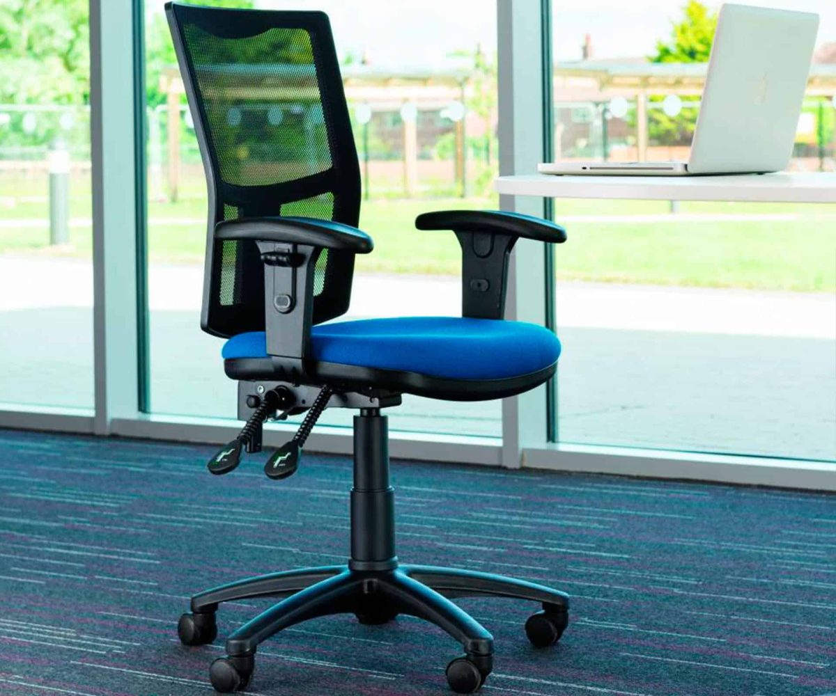 A black and blue office chair in front of a window.