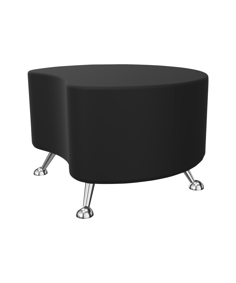 A black cylinder shaped ottomon with chrome legs